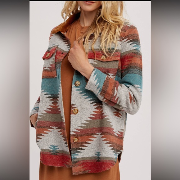 470. Aztec Shacket Faux Fur Collar Teal/Red Button Down NEW Item NWT - Picture 8 of 8